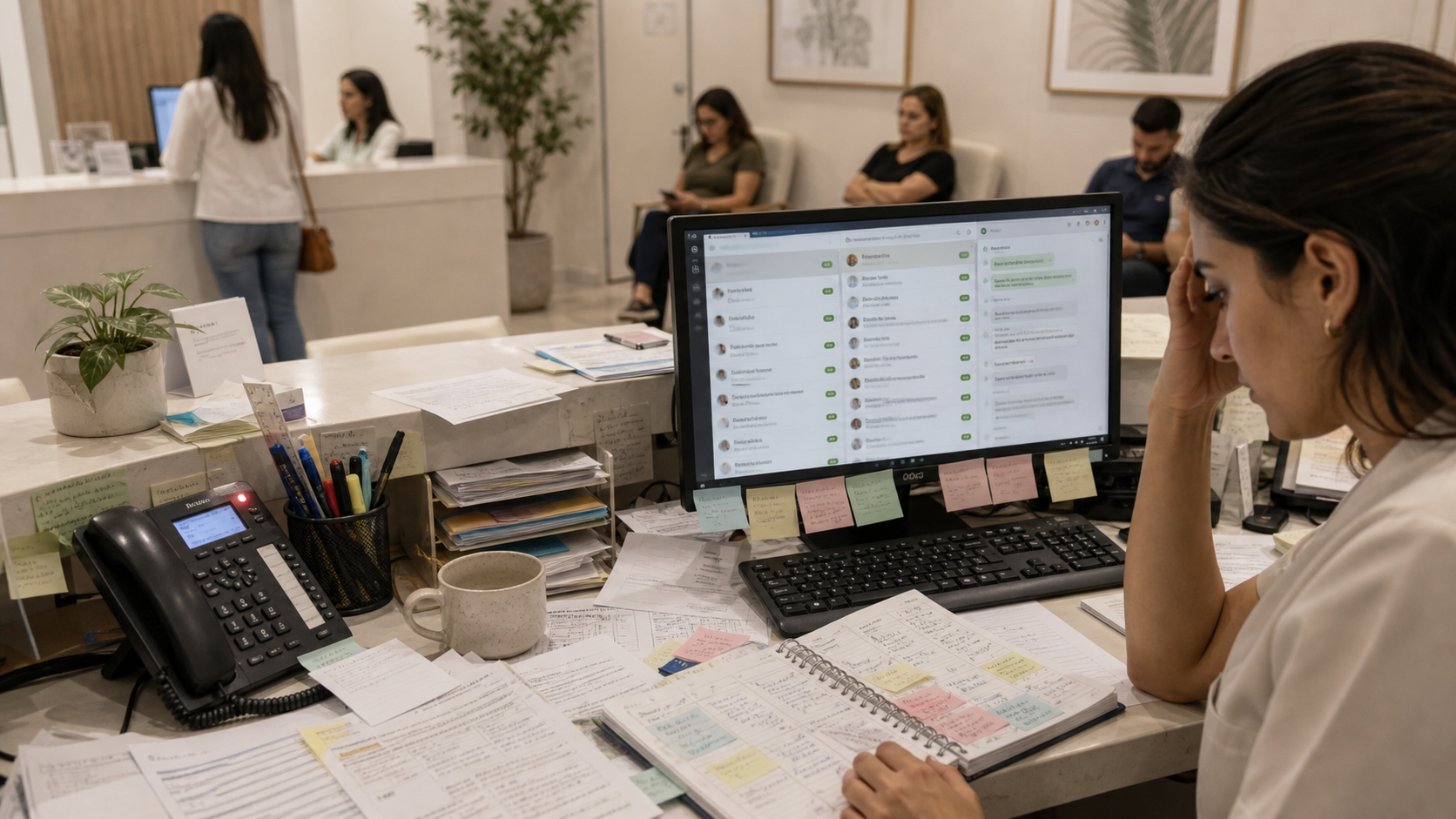 Recepcionista sobrecarregada, agenda de papel aberta e pacientes aguardando ao fundo